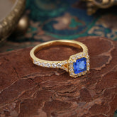 4 Prong Princess Cut Sapphire Engagement Ring Halo Half Eternity Pave Band